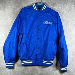 Vintage Sharp Communication Bomber Jacket Mens M Blue Nylon Snap Front Lined